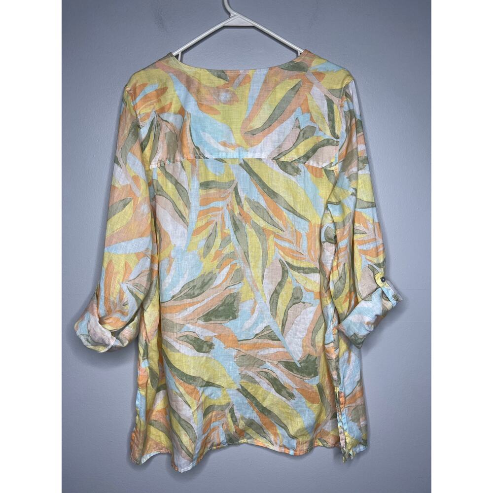 Rachel Zoe 100% Linen Tunic Shirt Button Up Pastel Floral Roll Tab Plus Size 1X - Picture 5 of 8